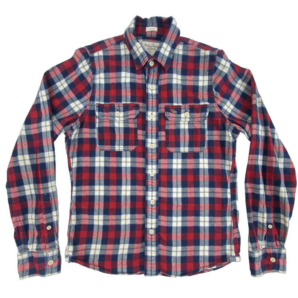 Abercrombie & Fitch A&F Mens XXL Flannel Plaid Muscle Fit‎ Long Sleeve Moose Red